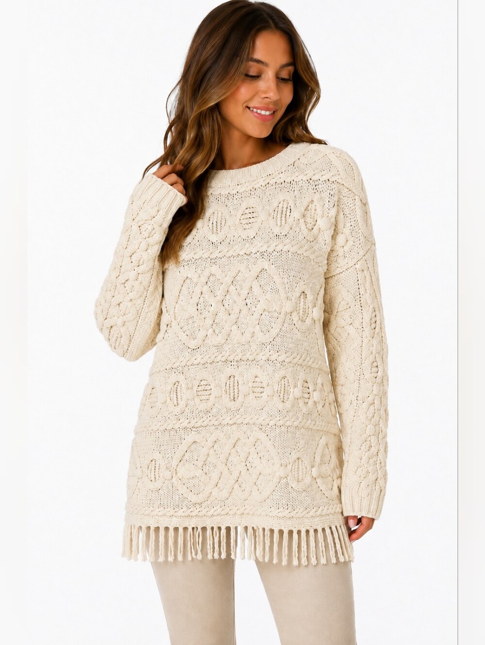 Express Tricot Handknit Ramie Cotton Fringe Cable Sweater Small Boho
